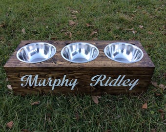 Rustic Wooden Two-Dog Dish Stand