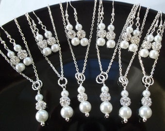 Set of 10 Bridesmaid Necklace And Earrings Jewelry Sets Pearl & Rhinestone Bridesmaid Jewelry,Ten Bridesmaid Earring And Necklace Sets
