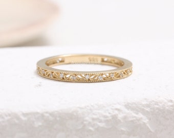 14K 18K Solid Gold Natural Genuine Diamond Accent Paisley Filigree Stacking Band Ring