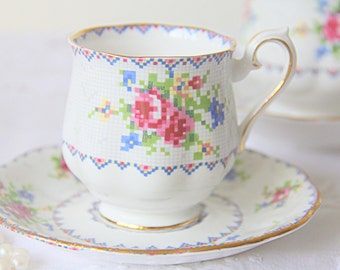 Vintage Royal Albert 'Petit Point' Lady Size Cup and Saucer, Petit Point, Forget-Me-Not and Pink Rose Decor, England