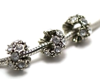 2 beads, "irregular rondelle" and multiple rhinestones big hole 5 mm, white, silver aged