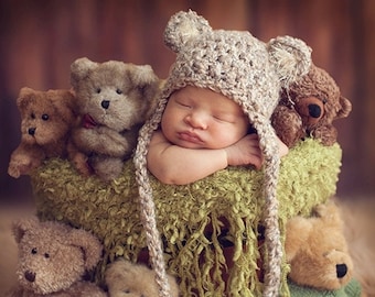READY Baby Hat - Baby Bear Hat - Baby Boy Hat - Baby Girl Hat- 3 Color Choices Earflaps & Ties with pom pom's
