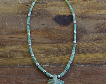 Navajo Green Turquoise and Sterling Silver Bead Leaf Necklace