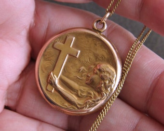 Vintage 1930s Religious Locket Necklace. Repousse Locket. Christian Jewelry. Girl Holding Up Cross In Storm | 'Take Up Your Cross' | A&Z Co