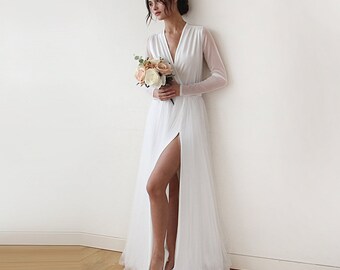 Ivory Tulle Wedding dress, Ivory Tulle wedding Gown, Long Sleeves wedding Dress, Floor Length Wedding Dress, Floor Length Wedding Dress 1174