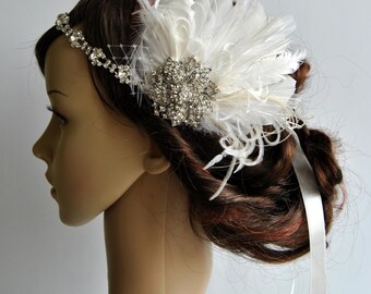 Rhinestone flapper headpiece ,Great Gatsby flapper Headpiece, Wedding Bridal 1920s Headpiece ,Rhinestone headband, Ivory Feather Fascinator