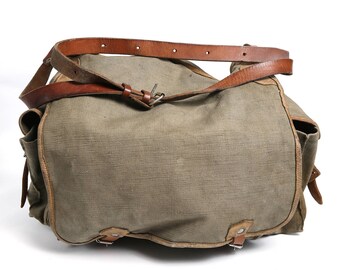 Distressed Canvas Leather Military Bag, Green Messenger Crossbody Bag, 70s Canvas USSR Haversack, Messenger Crossbody Bag