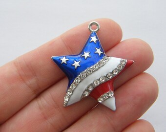 1 USA flag star charms silver plated WT207