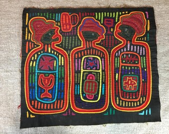 Unusual Panama mola of 3 men drinking