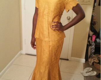 African print maxi skirt suit.