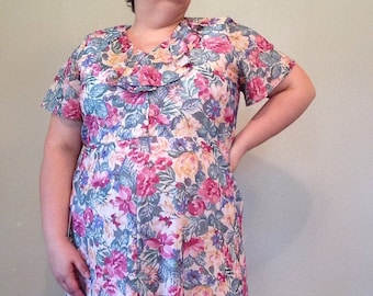 plus size vintage dress 1990s VTG 90s XXL dress plus size clothing floral dress ruffle collar dress pink floral dress sz 18 belted dress