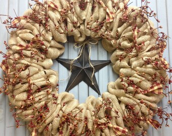 Burlap wreath/burlap and berries/burlap and stars/farmhouse/primitive stars/primitive decor/barn star/country wreath/country decor/burgundy