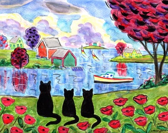 ORIGINAL PAINTING, Black Momma Cat ready for a Swim in the Cove and a Snack in the Grove and to rent a Canoe, Summer Sun, by DM Laughlin