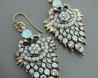 Opal Earrings - Blue Earrings - Gold Earrings - Rhinestone Earrings - Bridal Earrings - Vintage Inspired Wedding Jewelry - Handmade Jewelry