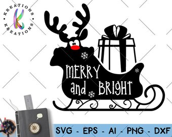 Hand lettered SVG Hand Drawn Merry and Bright svg print decal sleigh deer clipart Cut Files Cricut Silhouette Digital Vector SVG dxf Png