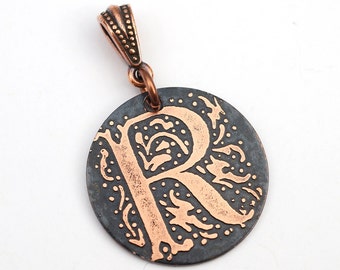 Round letter R pendant, small round flat metal copper etched monogram initial, optional necklace, 25mm