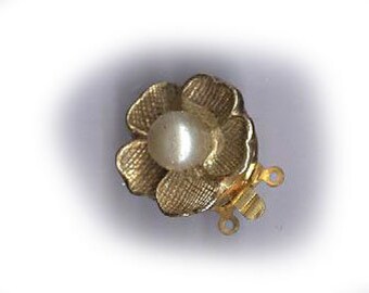 vintage FLOWER CLASP glass pearl goldtone flower shape glass pearl clasp TWO strander beautiful patina
