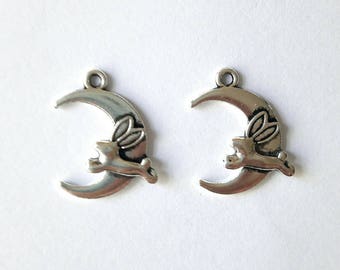 2 Moon rabbit antique silver metal charms