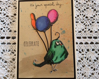 Handmade Greeting Card: Birthday card with a crazy bird holding balloons