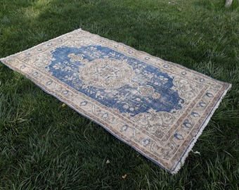 Turkish Vintage Oushak Rug 6'7" x 3'7" ft/ 206 x 115 cm