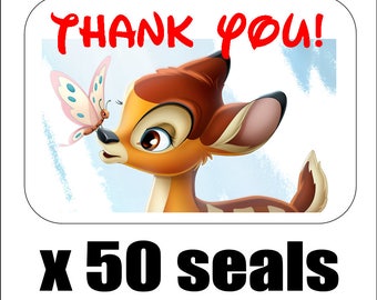 50 Bambi Thank You Envelope Seals / Labels / Stickers, 1" by 1.5"