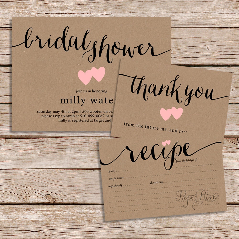 rustic bridal shower invitation thank you card and recipe rustic bridal shower invite