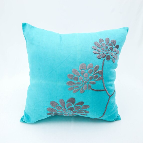 Teal Throw Pillow Decorative Pillows Embroidery Floral