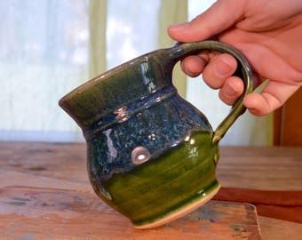 Made to Order Coffee mug ceramic, tea cup stoneware, glazed in green and blue, artisan table, handmade by hughes pottery