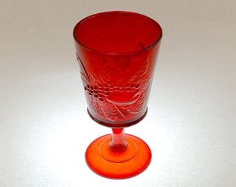 L. G. Wright Strawberry and Currant Ruby Water Goblet, 1960s Vintage Red Pressed Pattern Glass Goblet, Two Available Priced Individually