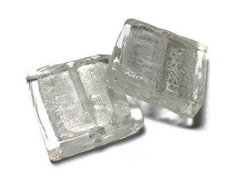 Venetian Glass Square Beads in Silvery White 25x25mm 2pcs