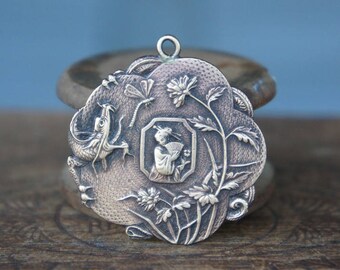 Vintage French Brass Stamping/Antique Style/Oriental/Asian/Stork/Insect/Button/French Findings