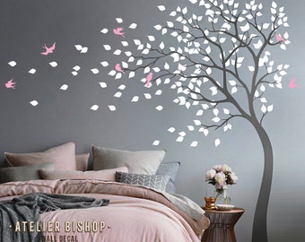 Bending tree in the wind with birds and loose leaves wall decal dark grey tree nursery wall sticker pink wall mural