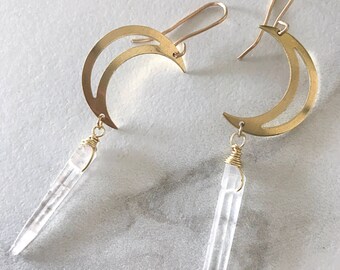 Gold Moon Earrings, Dainty Quartz Earrings, Crescent Moon Earrings, Half Moon Earrings Gold, Dangle Quartz Earrings, Moon Earrings Dangle
