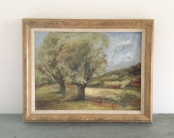 Country landscape vintage painting, rustic country scene.