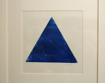 Triangle woodcut collograph print in blue