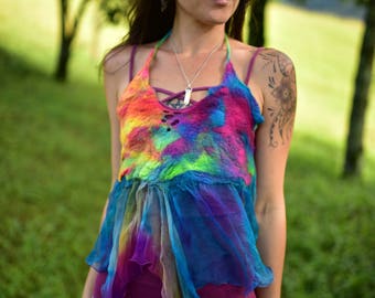 Nuno Felted Top-Rainbow Halter Top-Silk Top-Rainbow Felt Costume-Rainbow Fairy Top-Fairy Costume-Rainbow Costume-Woodland Costume OOAK