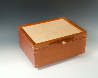 Handcrafted Jewelry Box of Mahogany with Tiger Maple veneered lid
