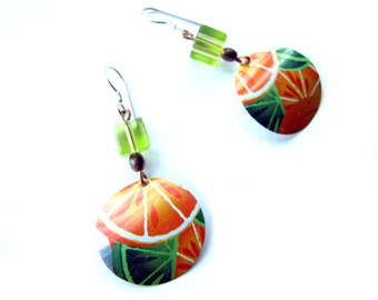 Citrus Delight Earrings - Orange and Green - Recycled Soda Can Earrings