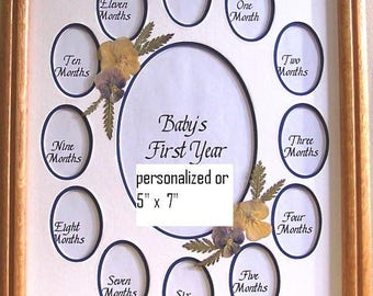 Vintage Personalized Baby's first year double mat with pressed flowers E18