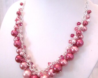 Shades of Rose Pearl and Crystal Cluster Necklace - Chunky, Choker, Bib, Necklace, Wedding, Bridal, Bridesmaid