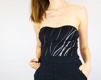 Black and metallic silver strapless swimsuit by 'Resort' // 1980's vintage bathing suit // swimming costume // beach lycra // padded bust