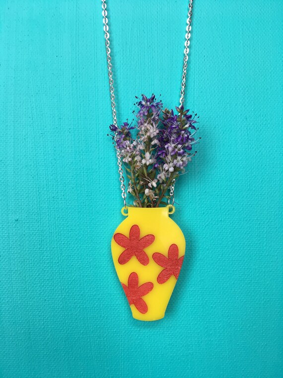 Laser Cut Acrylic Vase Necklace Yellow Retro Vase Necklace
