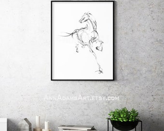 H03, Horse sketch, Wall decor Black and white minimalist, Abstract art print from original pencil drawing horse art by Ann Adams CC
