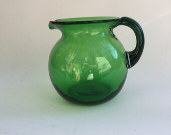 Vintage Mexican Handblown Green Glass Pitcher