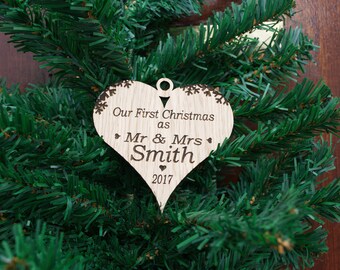 Personalised Bauble Wooden Our First Christmas, Mr & Mrs Heart Decoration, Oak