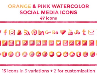 Orange Pink Watercolor Social Media Icons Buttons Website Icons Blog Icons Social Media Icons Graphics Twitter
