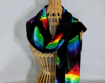 Velvet Scarf "Rainbow Prism", Hand Painted Velvet Scarf, Black Velvet Scarf
