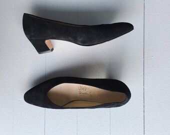 1980s Black Suede Ferragamo Pumps