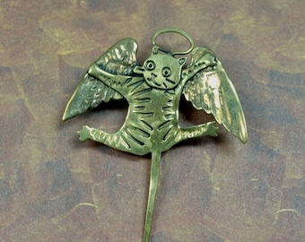One of a Kind Vintage Hand Formed Brass Angel Cat Brooch Complete with Halo and Wings