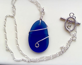 Dark Blue Sea Glass Pendant, Navy Blue Sea Glass Pendant